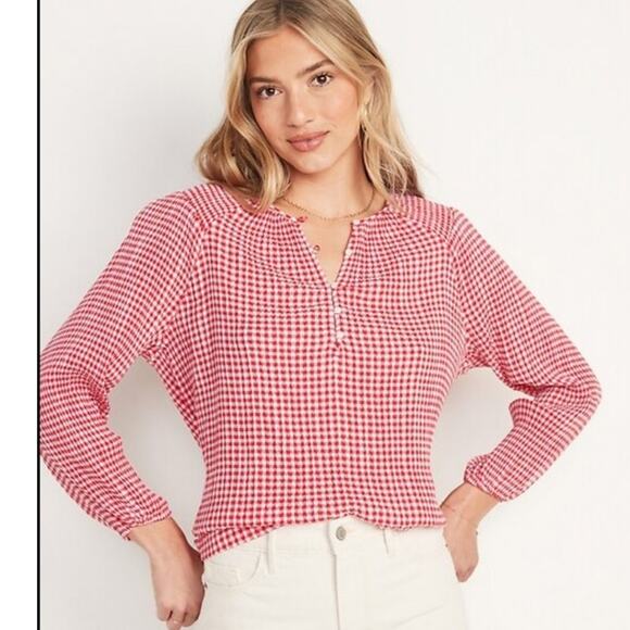 Old Navy xl women red white gingham check peasant blouse cottage coquette fall - Picture 3 of 8